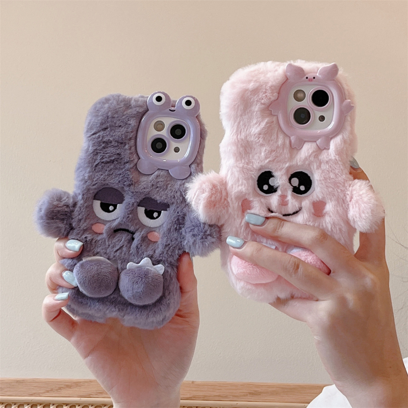 Carcasă de telefon iPhone 15 din pluș cu desene animate, monstru roz și violet, pentru Apple 12 13 16Pro Max