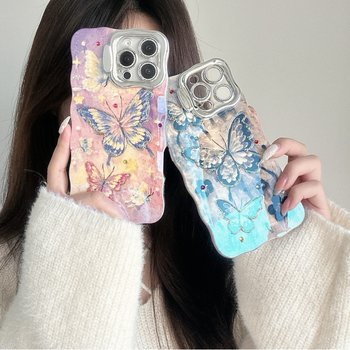 Θήκη Φακού με Μπλε Φως σε Χρώμα Πεταλούδας για iPhone16, Θήκη Promax για Apple 15, Στρας, Κύμα 14/13P