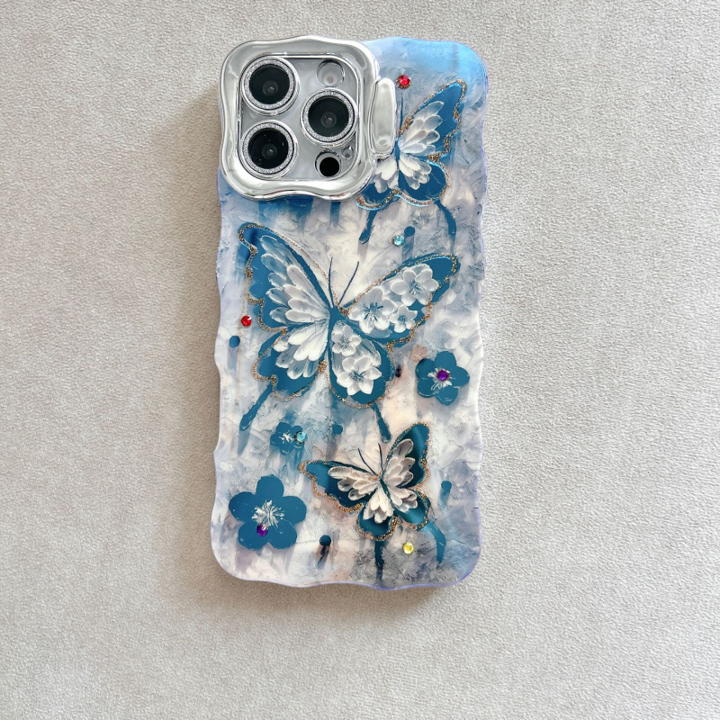 Θήκη Φακού με Μπλε Φως σε Χρώμα Πεταλούδας για iPhone16, Θήκη Promax για Apple 15, Στρας, Κύμα 14/13P