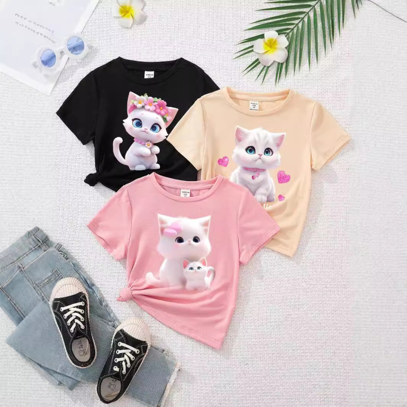 Tarptautiniai spausdinti trumpomis rankovėmis marškinėliai, skirti Europos ir Amerikos užsienio prekybai berniukams ir mergaitėms, vasariniai nauji apvalios kaklo formos viršutiniai vaikų drabužiai