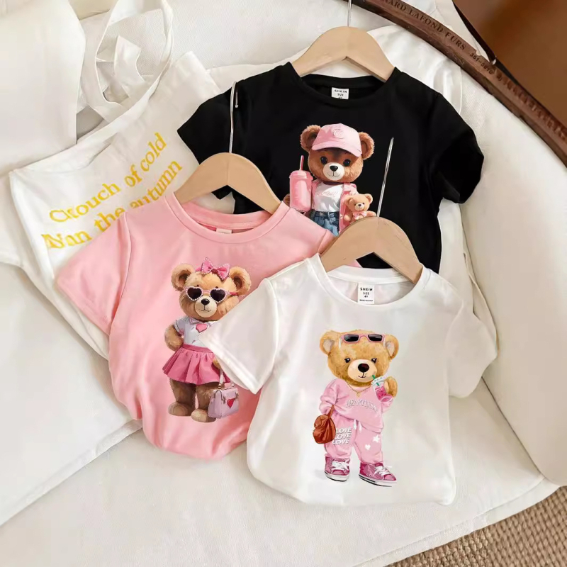 Tarptautiniai spausdinti trumpomis rankovėmis marškinėliai, skirti Europos ir Amerikos užsienio prekybai berniukams ir mergaitėms, vasariniai nauji apvalios kaklo formos viršutiniai vaikų drabužiai