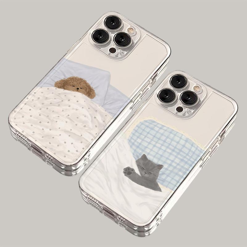 Carcasă de telefon drăguță cu design de pisică și câine care doarme pentru Apple 16Pro Max, 15Pro, transparentă, 14, cuplu, 13Mini