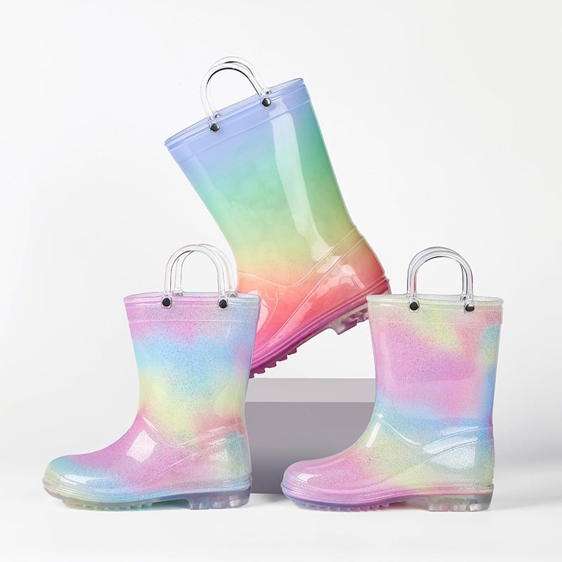 Детски обувки за дъжд Ins Foreign Trade Girls Boots Princess висококачествени дъгови прозрачни средни тръбички неплъзгащи се водни обувки за големи деца