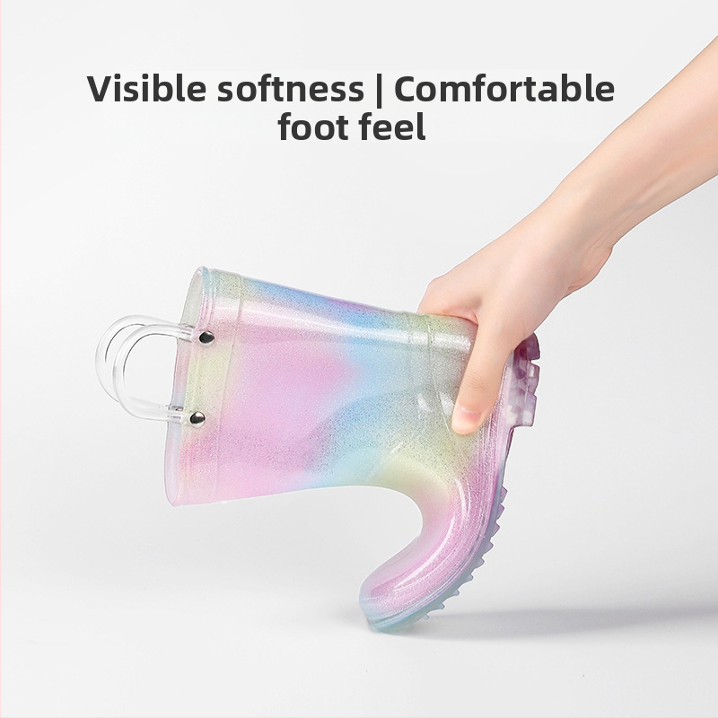 Детски обувки за дъжд Ins Foreign Trade Girls Boots Princess висококачествени дъгови прозрачни средни тръбички неплъзгащи се водни обувки за големи деца