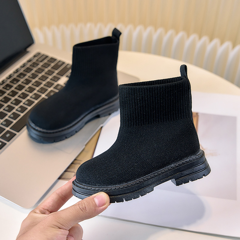 Bērnu konfekšu krāsas biezas zoles adīti zābaki ar mušiņām 2025. gada rudens jauni sieviešu zābaki britu stilā, populāri bērnu zābaki