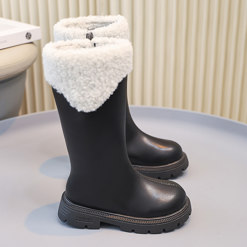 Meiteņu apavi bērnu garie zābaki 2025. gada jauni rudens un ziemas stila ziemas garie augstie ādas zābaki ar flīsa oderi princeses stilā