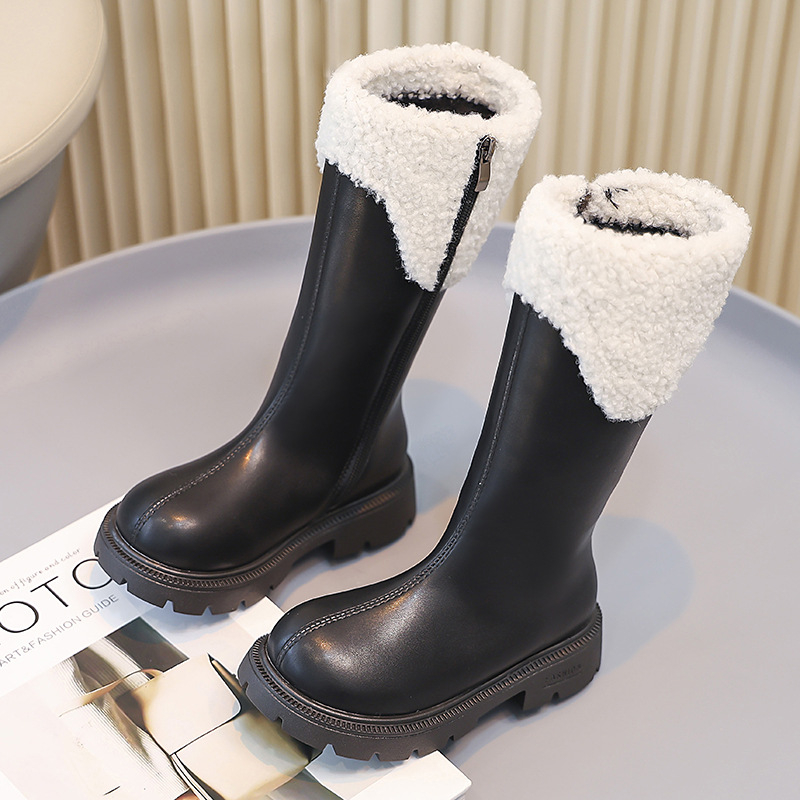 Meiteņu apavi bērnu garie zābaki 2025. gada jauni rudens un ziemas stila ziemas garie augstie ādas zābaki ar flīsa oderi princeses stilā