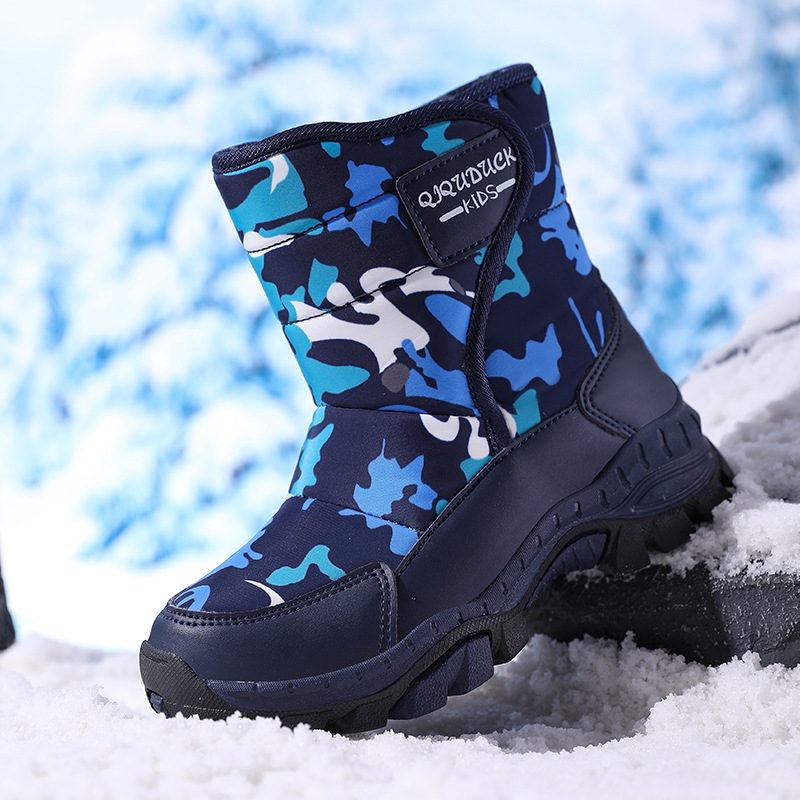 Ārējās tirdzniecības bērnu sniega zābaki zēniem un meitenēm slēpošanas kokvilnas apavi ziemas vilnas oderēti sabiezināti tērauda nagi lieliem bērnu āra īsie cilindriskie kokvilnas zābaki