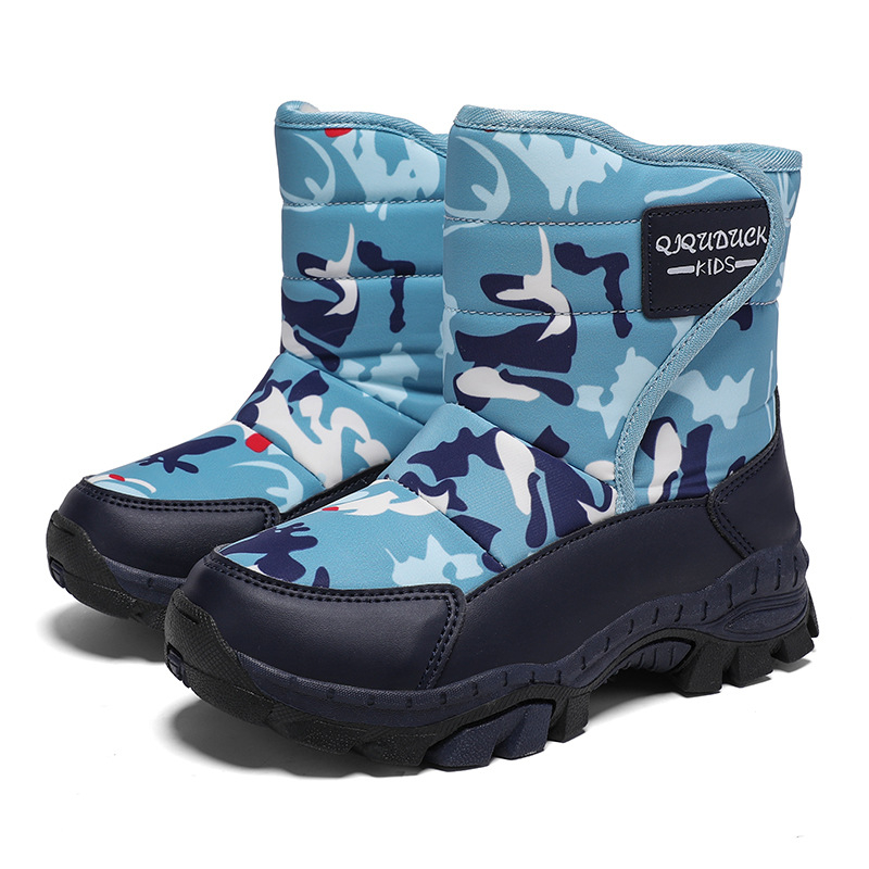 Ārējās tirdzniecības bērnu sniega zābaki zēniem un meitenēm slēpošanas kokvilnas apavi ziemas vilnas oderēti sabiezināti tērauda nagi lieliem bērnu āra īsie cilindriskie kokvilnas zābaki