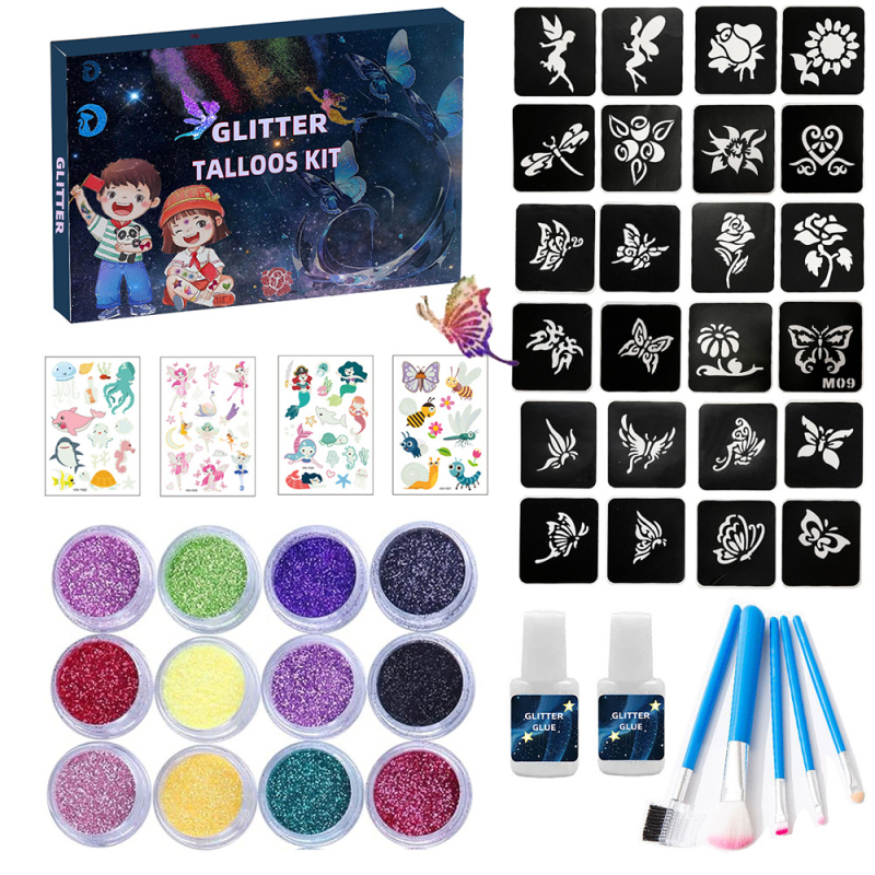 Naujas tatuiruotės kostiumas 12 spalvų blizgučių milteliai 4 animacinių filmukų šviečiančios pastos deimantiniai laikini tatuiruotės šablonai kryžminiam kraštui