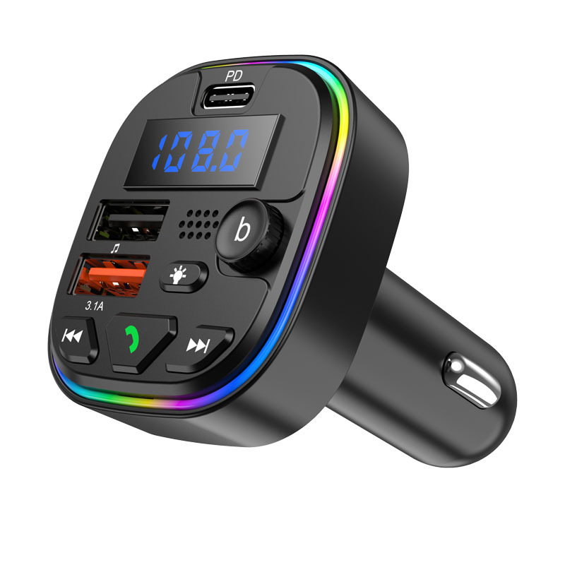 Automašīnas Bluetooth MP3 atskaņotājs ar FM raidītāju un uztvērēju, kas paredzēts cigarešu šķiltavai, ar divu USB portu un apkārtējās vides apgaismojumu