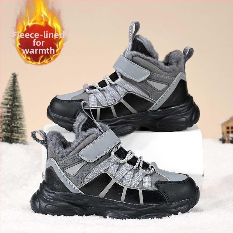 Детски памучни обувки, зимни 2024, нови, с поларена подплата, удебелени памучни обувки за момчета, големи детски, за планинарство, на открито, топли маратонки