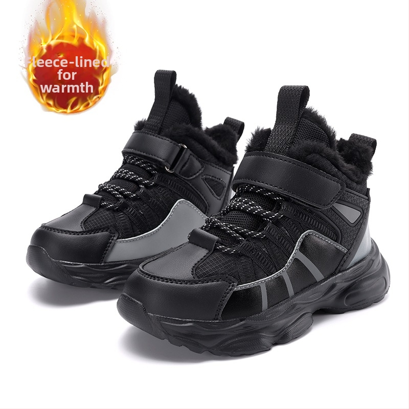 Детски памучни обувки, зимни 2024, нови, с поларена подплата, удебелени памучни обувки за момчета, големи детски, за планинарство, на открито, топли маратонки