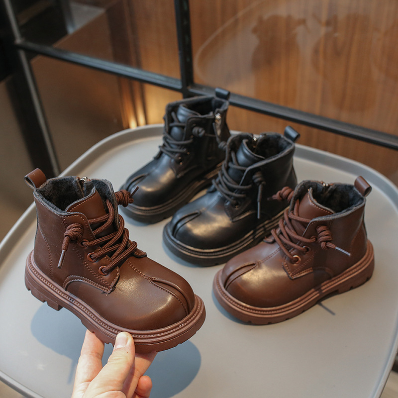 Момичешки ботуши от кожа в британски стил за есен и зима 2025 г., къси ботуши от два вида памук с подплата от полар за момичета