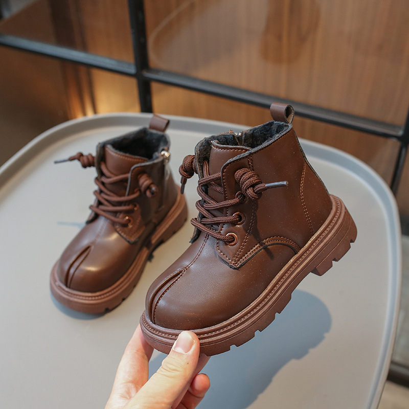 Момичешки ботуши от кожа в британски стил за есен и зима 2025 г., къси ботуши от два вида памук с подплата от полар за момичета