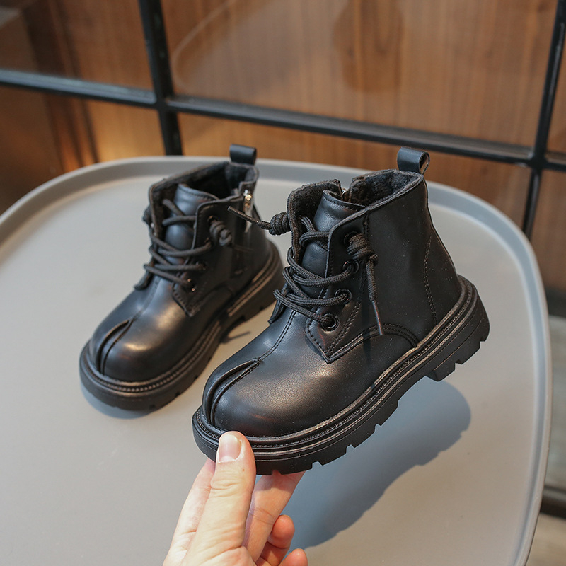 Момичешки ботуши от кожа в британски стил за есен и зима 2025 г., къси ботуши от два вида памук с подплата от полар за момичета