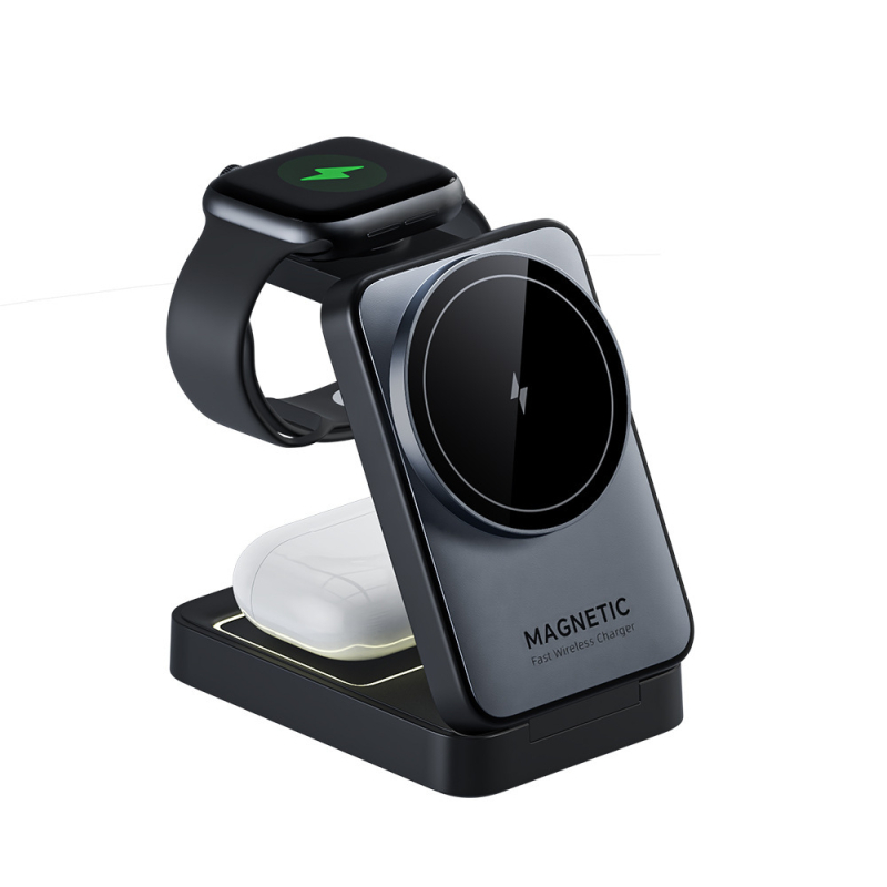 Jauns pārrobežu 15 W ātrās uzlādes daudzfunkcionāls mobilā tālruņa turētājs bezvadu uzlādei, saliekams magnētisks trīs vienā bezvadu lādētājs
