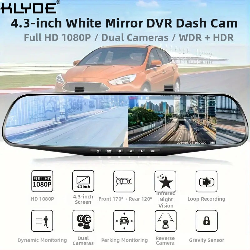 Автомобилен DVR с огледало за обратно виждане, двоен запис отпред и отзад 1080P, с изображение на заден ход, вграден DVR с нощно виждане с висока разделителна способност