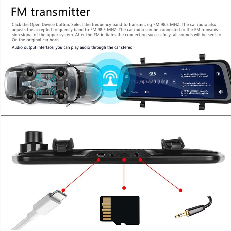 HD 9,66 collu automašīnas Carplay mobilā tālruņa bezvadu savienojuma braukšanas ierakstītājs priekšējais un aizmugurējais divkāršs ieraksts 4K navigators