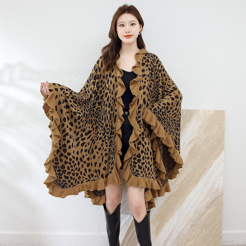 Нов слънцезащитен топъл шал с леопардови волани с наметало с дървени уши и плисирано плетено яке