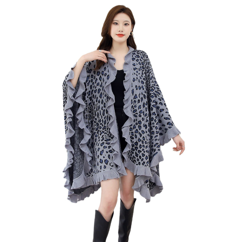 Нов слънцезащитен топъл шал с леопардови волани с наметало с дървени уши и плисирано плетено яке