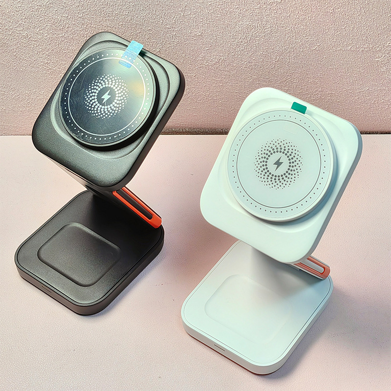 Pārrobežu jauns trīs vienā bezvadu lādētājs mobilajam tālrunim, ātra uzlāde, saliekams magnētiskais kronšteins, pulksteņu austiņu bezvadu uzlāde