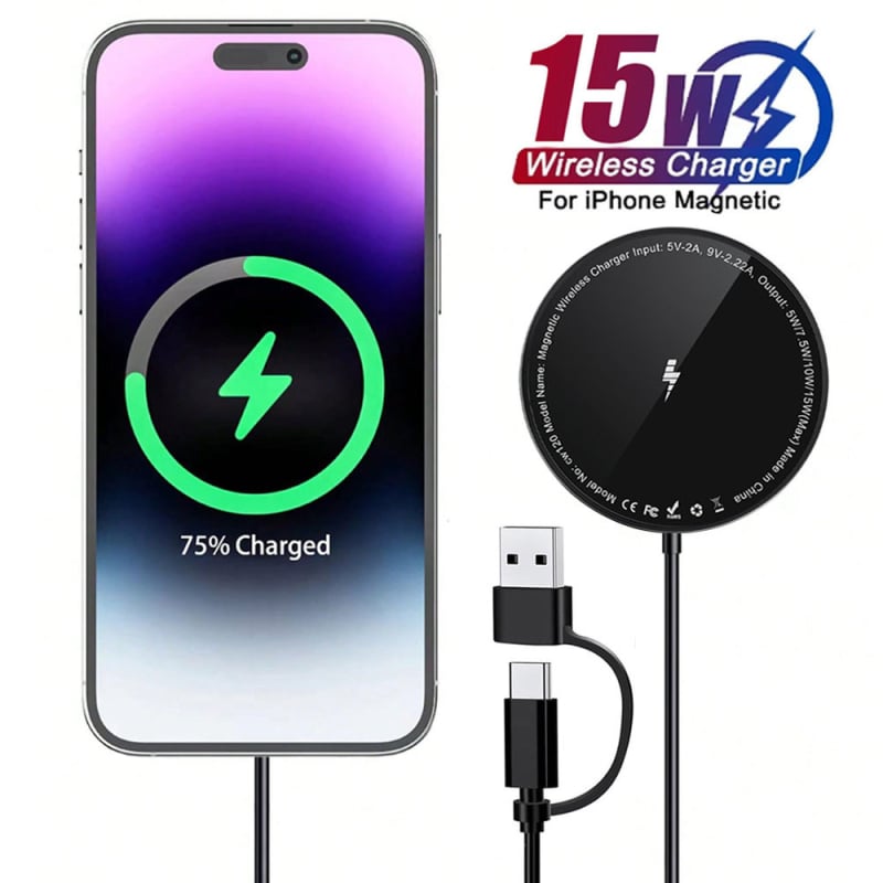 Încărcare wireless magsafe15W, încărcare rapidă magnetică, linie de curea, încărcător wireless magnetic ultra-subțire, cu două porturi AC, două în unu