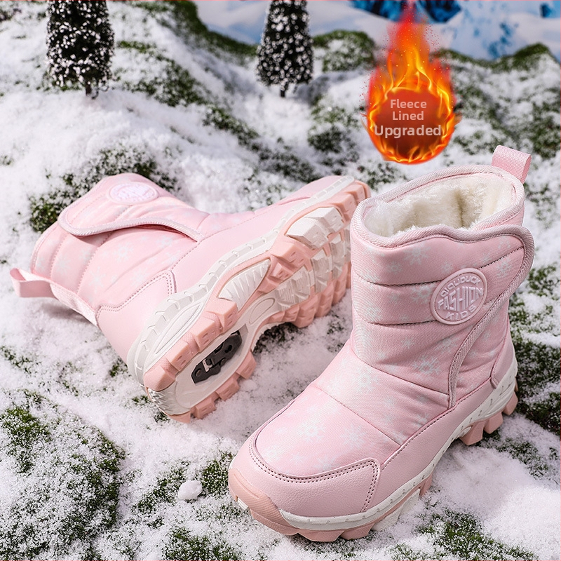 Bērnu sniega zābaki 2024. gada ziemas jauni silti ar vilnas oderi biezi kokvilnas zābaki meiteņu pretslīdes siksniņas tērauda spīles aukstumizturīgi kokvilnas apavi