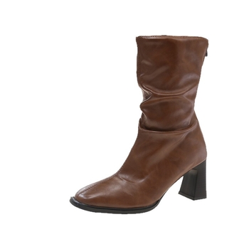 2025 Корейски модни ботуши Дамски високи токчета Зимни нови ботуши с пискюл Универсални тънки ботуши с квадратен връх Дебел ток Къси ботуши Голям размер 42