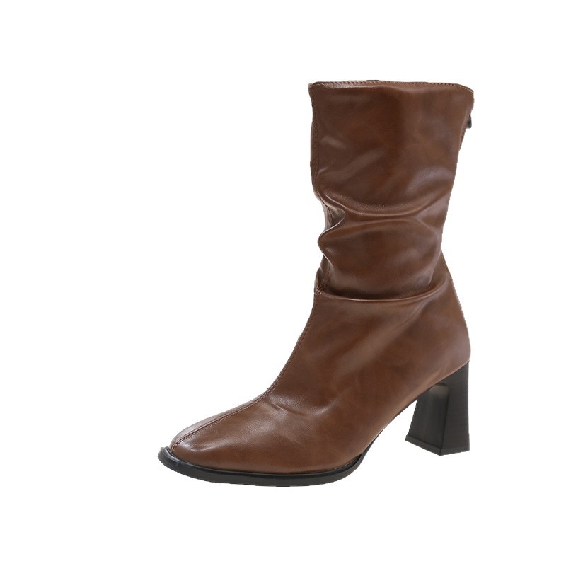 2025 Корейски модни ботуши Дамски високи токчета Зимни нови ботуши с пискюл Универсални тънки ботуши с квадратен връх Дебел ток Къси ботуши Голям размер 42