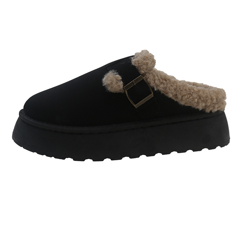 Корейски стил платформа с дебела подметка пухкави обувки за жени, нови зимни ботуши за връхно облекло 2025, топли памучни обувки с полар, полу-флоп, за жени