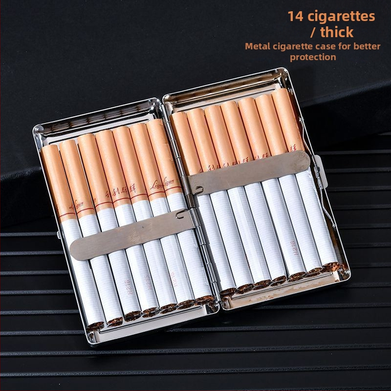 Cezhraničná populárna nerezová železná cigaretová krabička, hrubá, stredná a tenká univerzálna obojstranná kožená prenosná cigaretová krabička odolná voči vlhkosti a tlaku