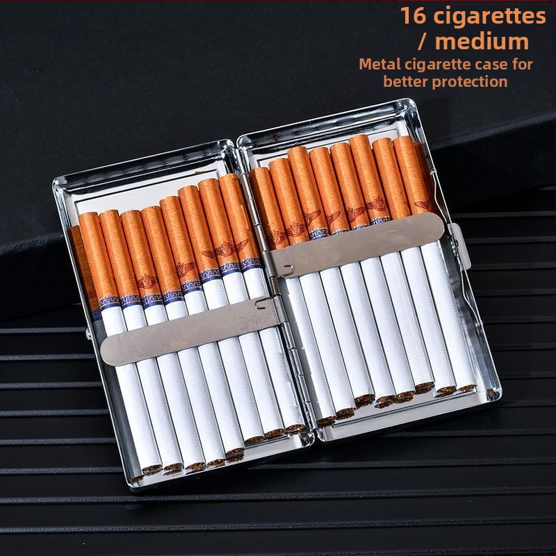 Cezhraničná populárna nerezová železná cigaretová krabička, hrubá, stredná a tenká univerzálna obojstranná kožená prenosná cigaretová krabička odolná voči vlhkosti a tlaku