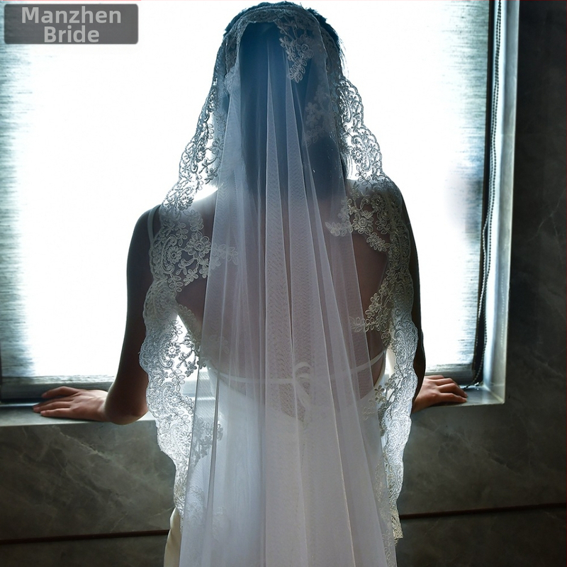 Сватбен воал Manzhen с дантела, бял/с гребен за коса, за сватба, модерен фото студио стил, M49