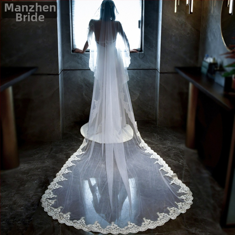 Сватбен воал Manzhen с дантела, бял/с гребен за коса, за сватба, модерен фото студио стил, M49