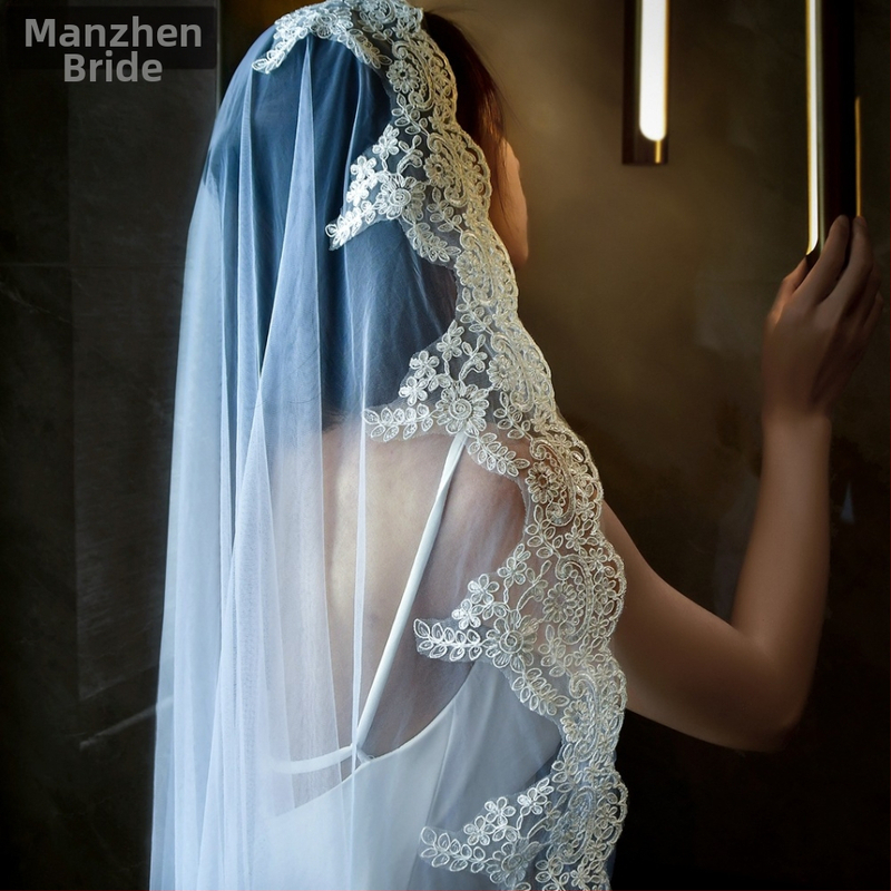 Сватбен воал Manzhen с дантела, бял/с гребен за коса, за сватба, модерен фото студио стил, M49
