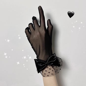 Nakts mācību telpas Lolita cimdi Melni mežģīņu punktiņi Mežģīņu bantītes Īsi Cauruļveida Franču Hepberna Cimdi