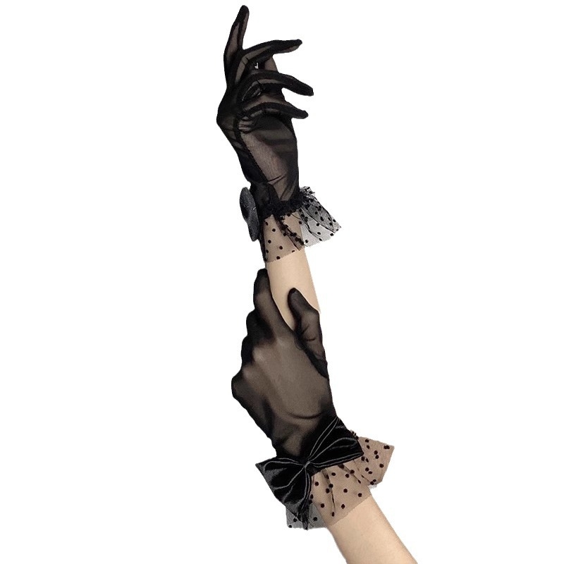 Naktinio mokymo kambario lolita pirštinės su juodomis nėriniuotomis taškuotomis nėriniuotomis kaspinu ir trumpomis tūtelėmis, prancūziškos Hepburn pirštinės