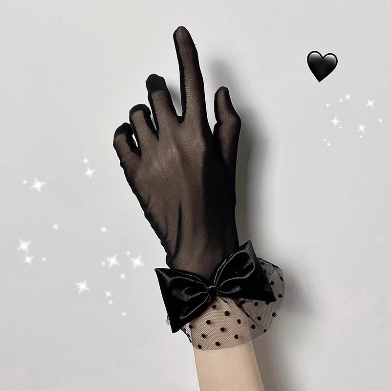 Nakts mācību telpas Lolita cimdi Melni mežģīņu punktiņi Mežģīņu bantītes Īsi Cauruļveida Franču Hepberna Cimdi