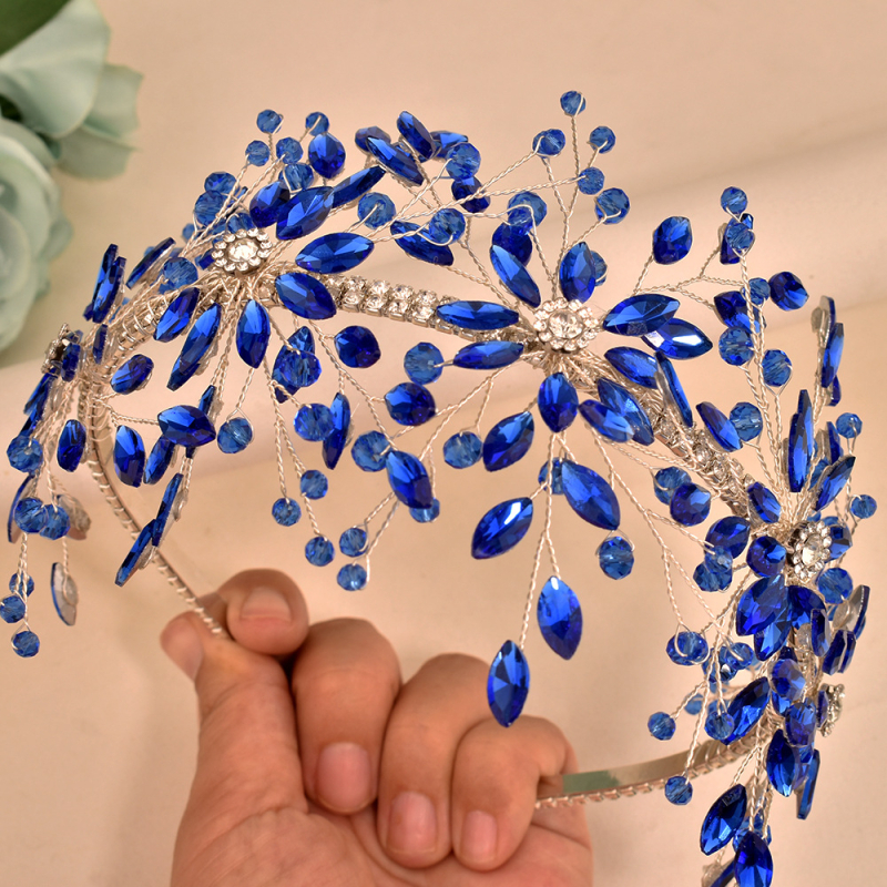 Европейски и американски диамантени ленти за коса, ръчно изработени аксесоари за коса, сини кристали, корона за коса, модни елегантни аксесоари за лента за глава DZ241