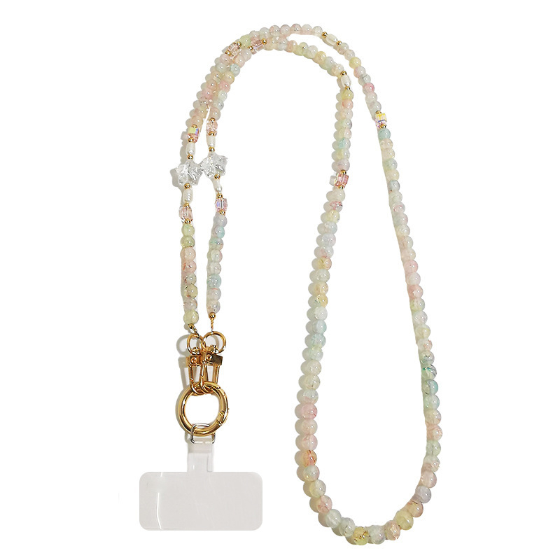 Ilgas mobiliojo telefono dirželis su įtrūkusiais karoliukais, krištolo karoliukų grandinėlė, išskirtinis jūrų žvaigždės karoliukų maišelis su grandinėle, pakabukas mobiliojo telefono dėklui, apsaugantis nuo pametimo.