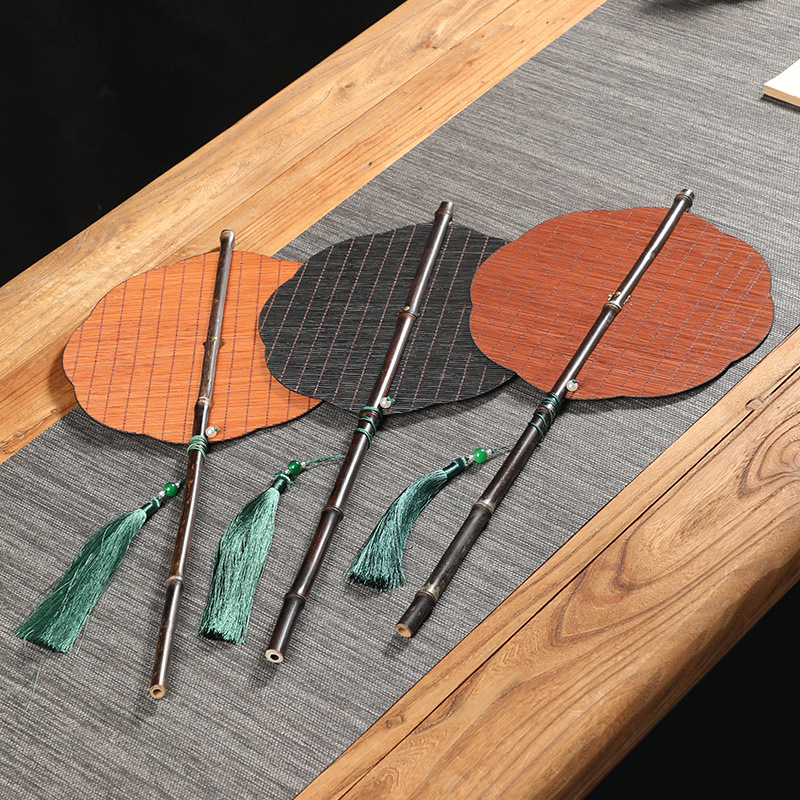 Ръчно изработен бамбуков ветрилообразен вентилатор от бамбук, копринен, китайски стил, бамбуков кръгъл вентилатор, въртящ се сгъваем преносим кръгъл вентилатор, вентилатор от Пу...