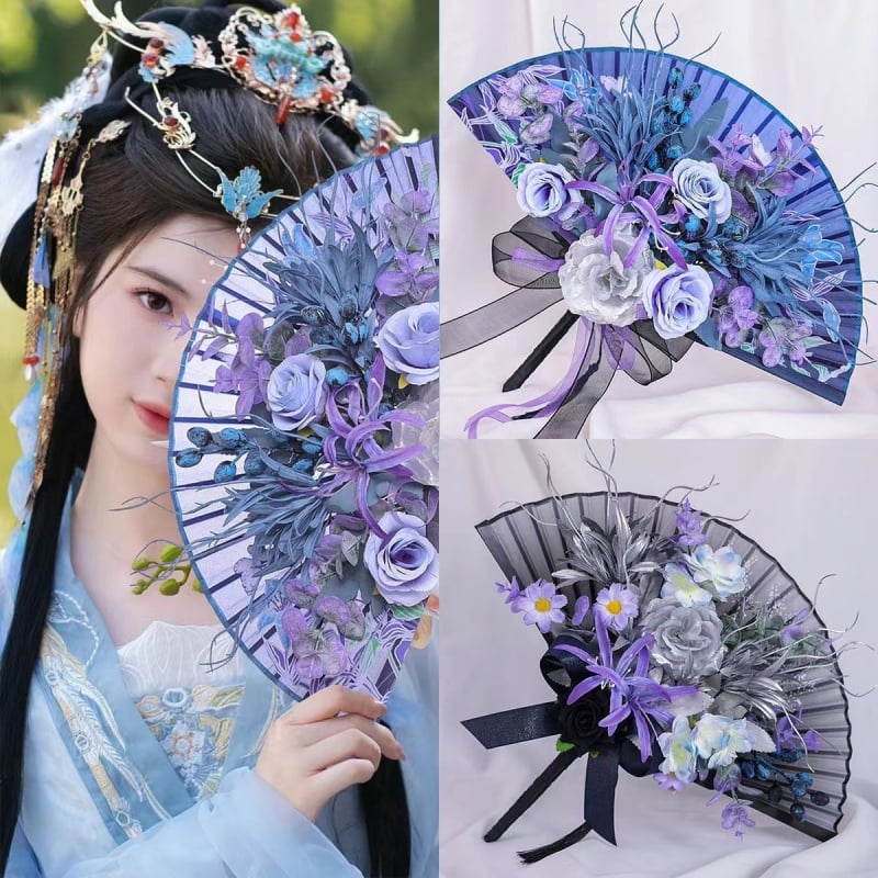 Evantai pliabil de mână retro, stil chinezesc, cu flori de mătase, nou, accesorii, portret antic, fotografie de călătorie, care acoperă, realizate manual, accesorii pentru fani de grup