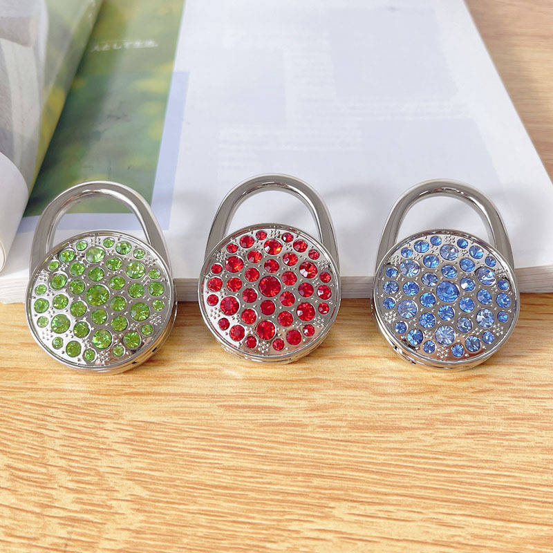 Кръгла външна сгъваема кука за чанта с пълен диамант, държач за чанта за съхранение на плот, дамска чанта, кука за чанта, преносима кука