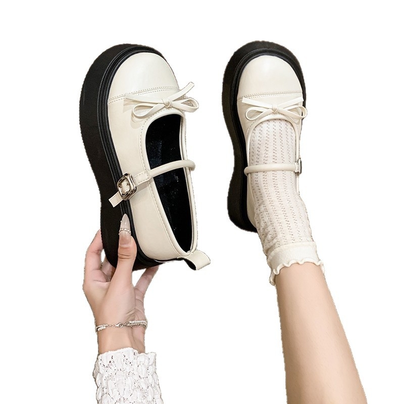 Нови корейски стил, малки обувки Мери Джейн за жени от 2025 г. с дебели токчета и дебели подметки за увеличаване на височината, сладка пролетна панделка