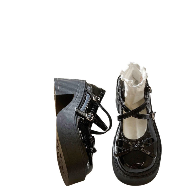 Juodi storakulniai platforminiai Mary Jane bateliai moterims 2024 m. nauji koledžo stiliaus aukštakulniai JK maži odiniai bateliai