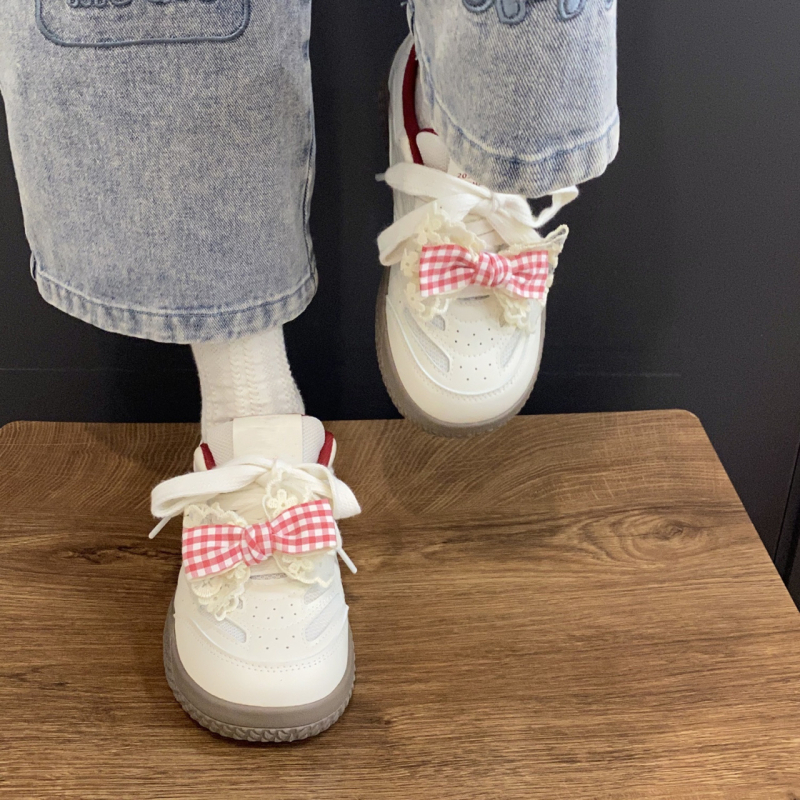 2024 m. „Bow“ vokiški treniruočių dvigubo tinklelio moteriški sportbačiai, bjaurūs, mieli, vasarai ir rudeniui, nauji, stilingi, nišiniai, korėjietiško stiliaus sportiniai bateliai, „Forrest Gump“ balti.