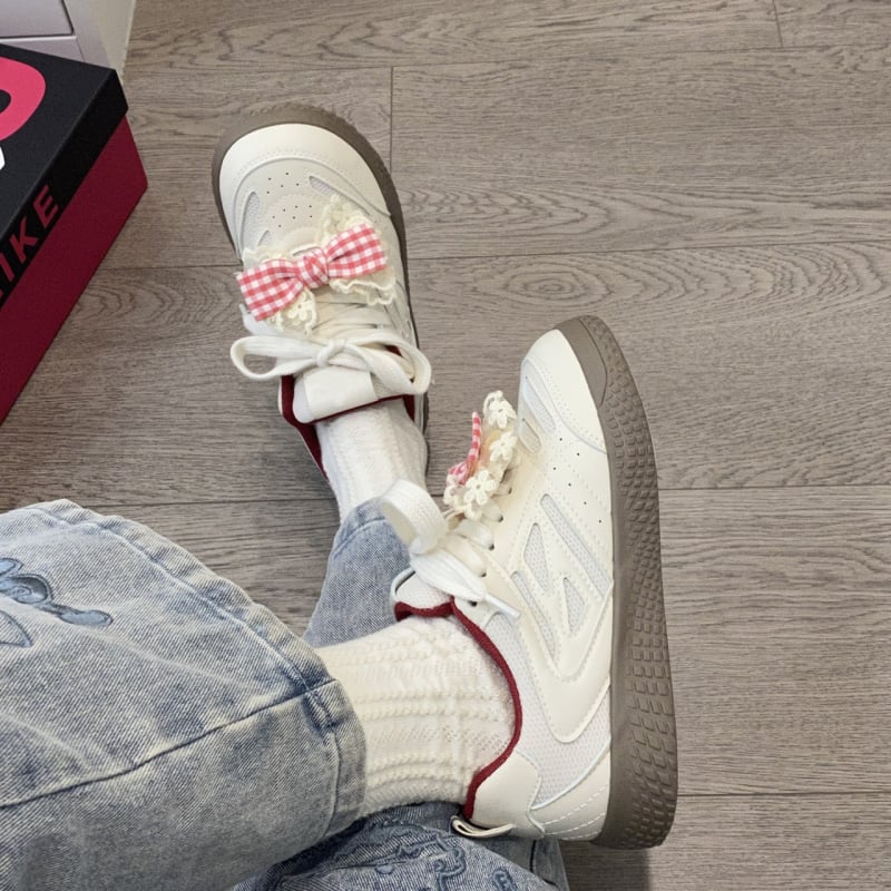 2024 m. „Bow“ vokiški treniruočių dvigubo tinklelio moteriški sportbačiai, bjaurūs, mieli, vasarai ir rudeniui, nauji, stilingi, nišiniai, korėjietiško stiliaus sportiniai bateliai, „Forrest Gump“ balti.