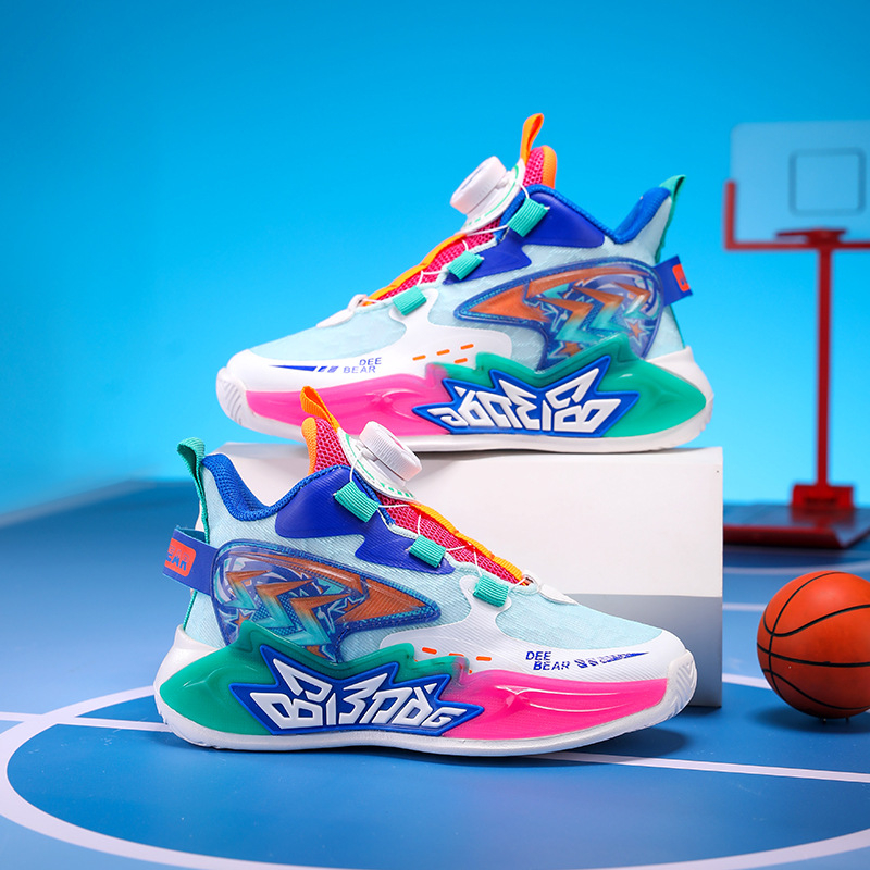 Нови детски спортни обувки от мрежа, дишащи, леки, амортизиращи, с въртяща се катарама, за момчета, баскетболни обувки за момчета