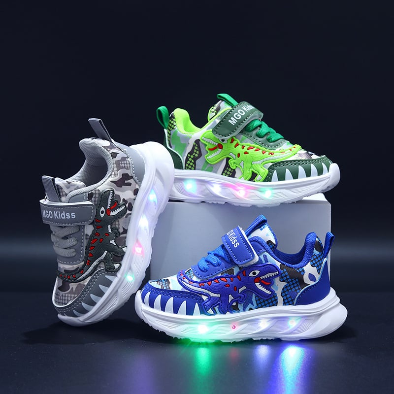 Mgo Kids Primăvara și Toamna Noi Pantofi Sport pentru Copii Frumos Tyrannosaurus Rex LED Luminoși Pantofi pentru Copii 1-6 Ani Băieți Sport